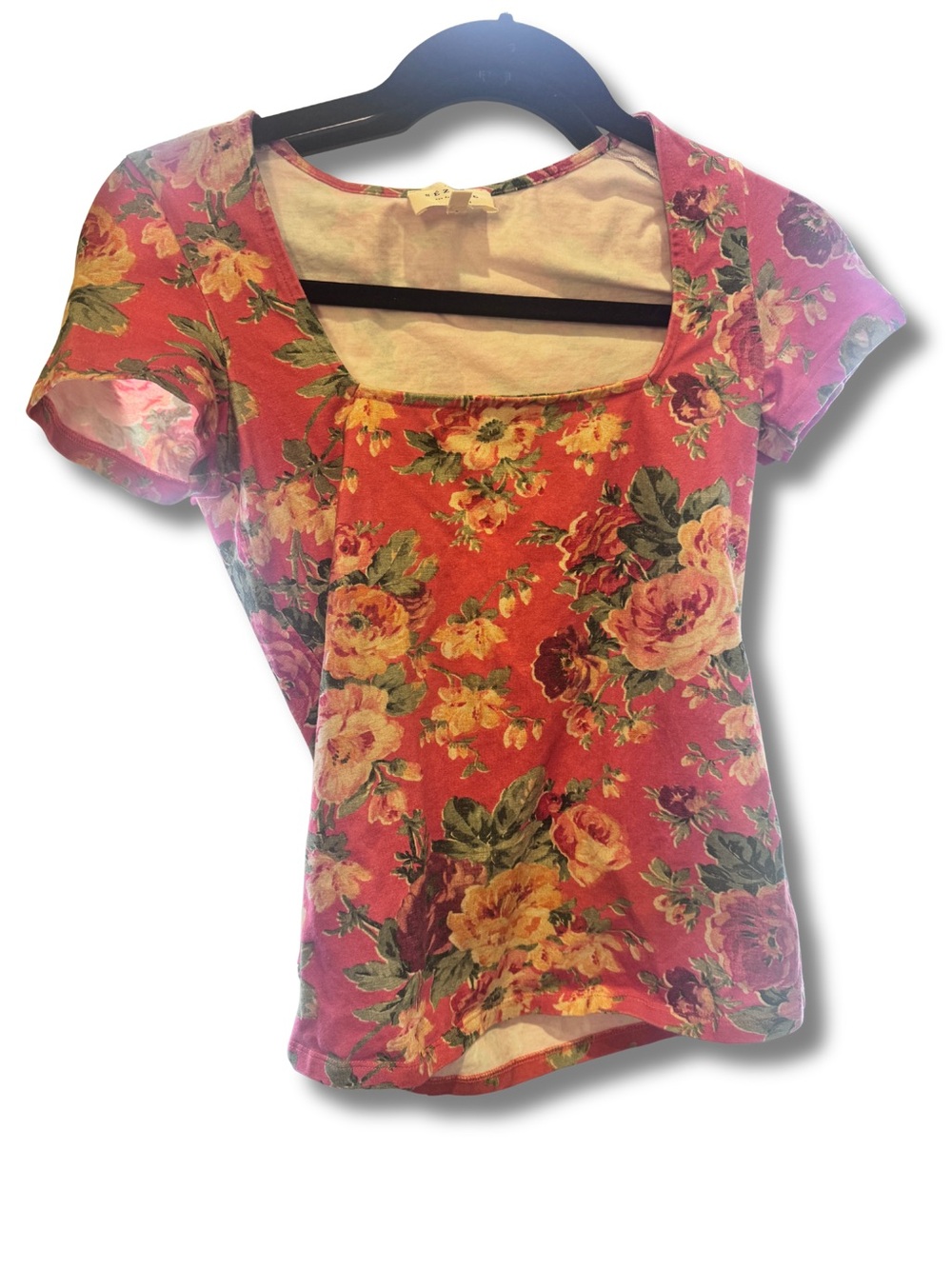 Sezane Red Floral Scoop-Neck Short Sleeve Top